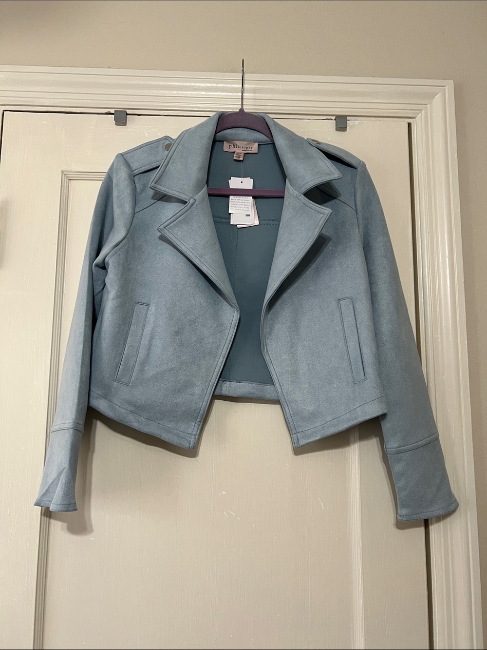 Philosophy Powder Blue Cropped Moto-Style Faux Leather Jacket